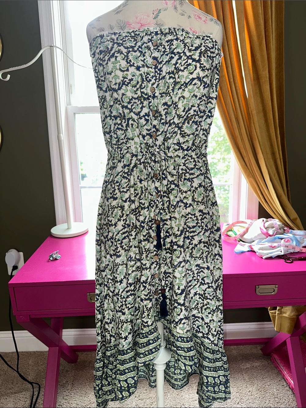 blue island Strapless Navy and White Floral Midi Dress